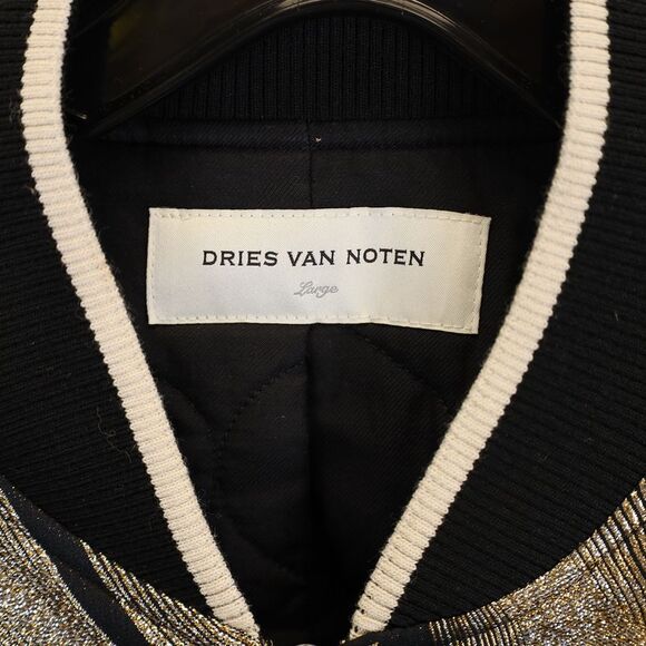Dries Van Noten Metallic Detail Jacquard Bomber Jacket in Black and Gold Viscose - Picture 2 of 3